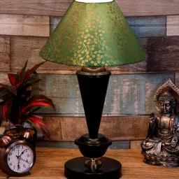 Antique Green & Gold Fabric Shade Night Lamp With Metal Base By Foziq image 1