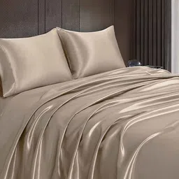 coolbeds Taupe Solid 400 TC Satin Queen Fitted Bedsheet with 2 Satin Pillow covers image 2