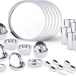 limetro steel Pack of 30 Steel Pack of 30 Stainless Steel Dinner Set ( 6 Dinner Plates,6 Halva Plates, 6 Bowl/ Wati, 6 Glasses, 6 Spoons,) Dinner Set-picture-15