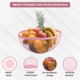 homestic 2 Pcs Metal Mesh Fruits & Vegetables Basket Bowl | White & Pink Iron Fruit & Vegetable Basket image 5