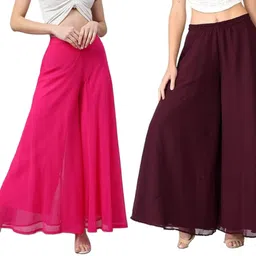 affleon Pack of 2 Women Flared Multicolor Georgette Trousers-picture-25