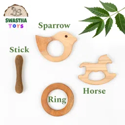 swastha toys Neem Wood Rattler & Teethers | Combo of Cute Horse, Sparrow, Ring & Stick Rattle image 2