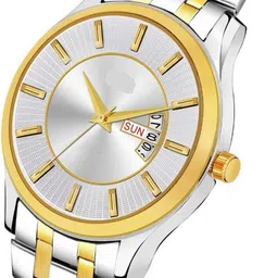 royal habibi Analog Day& Date Functioning Silver Chain Gold White Stainless Steel Wrist Watch Analog Watch - For Men Golden-Silver Wedding Watch image 4