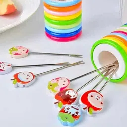 navborn Cartoon Shape Fruit Forks Set for Kids With Color Rings Stand Stainless Steel Baby Fork image 3