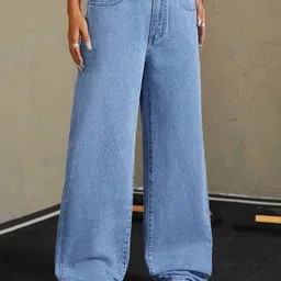 Women Straight Fit High Rise Light Blue Jeans-image-2