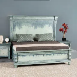 fabuliv Sublime Sheesham Wood Queen Size Bed in Light Green Finish With Hydraulic Storage image 1
