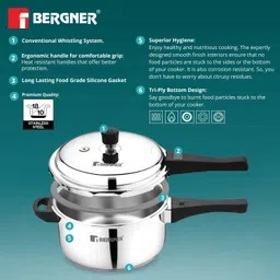 bergner Sorrento Stainless Steel Set Outer Lid 2 L + 3 L Cooker with Common Lid and 5 L Induction Bottom Pressure Cooker image 4