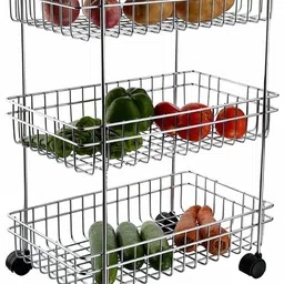 COROFFY 3 Layer Fruit and Vegetable Stand Basket Trolley Modern Kitchen Storage Rack [Stainless Steel] Steel Kitchen Trolley-picture-15