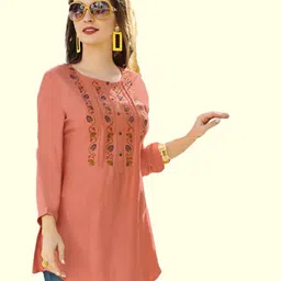 rr sa kurtis Party Regular Sleeves Embroidered Women Orange Top-picture-23