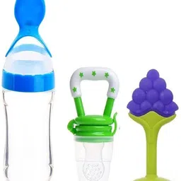 Combo of Squeeze Feeding Bottle & Baby Fruit Nibbler & Silicone Teether Teether and Feeder-image-4