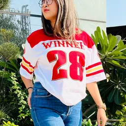 juneberry Oversize Women Printed Round Neck Pure Cotton Red T-Shirt-picture-14