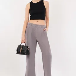 high-buy Women Loose Fit Grey Cotton Blend Trousers image 4