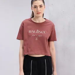 hrx by hrithik roshan Women Printed Round Neck Pure Cotton Brown T-Shirt image 3