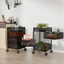 kuber industries Pack of 2 Kitchen 3+1 Layer Metal Storage Rack with Wheels | Square Shape -Black Iron Kitchen Trolley-picture-26