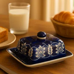 hindustani saudagar Blue Meadow Ceramic butterdish Handmade Container with Tray & lid Butter Dish-picture-15