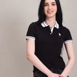 u.s. polo assn. Women Solid Polo Neck Cotton Blend Black T-Shirt-picture-17