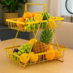 namra 2-Tier Yellow Fruit Basket Stand – Kitchen & Dining Table Countertop Organizer Stainless Steel Fruit & Vegetable Basket image 2
