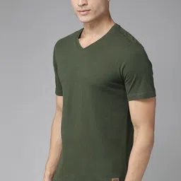 roadster Men Solid V Neck Pure Cotton Dark Green T-Shirt image 1