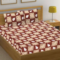 hashcart Brown Geometric Cotton Queen Double Size Bed Sheet With 2 Pillow Covers image 1