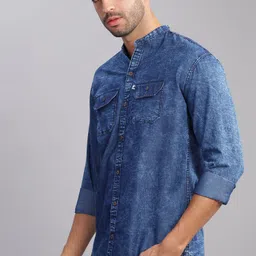 aidan paul Men Regular Fit Washed Mandarin Collar Casual Shirt image 4