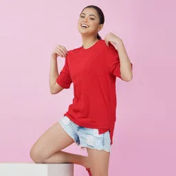 nusyl Women Printed Round Neck Cotton Blend Red T-Shirt image 2