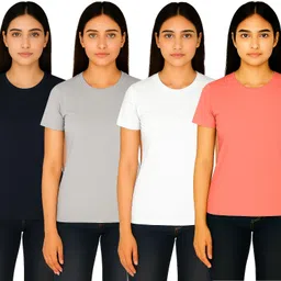 sm shayam creation Pack of 4 Women Solid Round Neck Polyester Multicolor T-Shirt image 1
