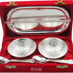 goldgiftideas 4 Inch Silver Plated Two Antique Flower Design Tray, Bowl, Spoon Serving Set image 2