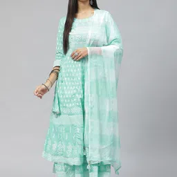 Mishpra Women Sea Green Floral Printed Anarkali Kurta with Dupatta-picture-10