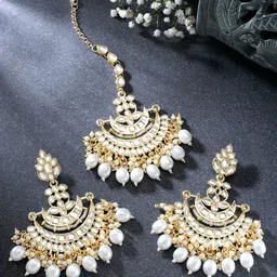 Peora Women Gold-Plated Kundan & Pearl Studded Maang Tikka with Earrings-image-71