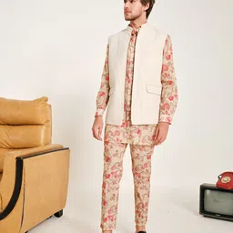 Project Bandi Floral Printed Mandarin Collar Chanderi Cotton Kurta with Pyjamas Set image 2