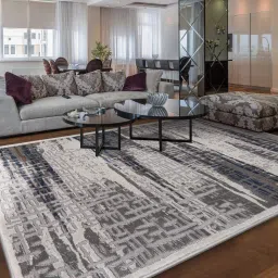 sapana carpet-mats Grey Abstract Polyester 5 ft X 7 ft Machine Made Carpet image 1