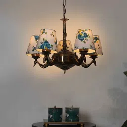 new era Devansh 05 Lights Printed conical cotton shade with Antique Golden Chandelier -B image 1