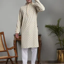 Jompers Geometric Embroidered Mandarin Collar Thread Work Pure Cotton Kurta with Trousers image 1