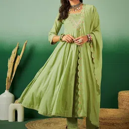 Sangria Sequence Embroidered Pure Cotton Anarkali Kurta With Trousers & Dupatta image 4