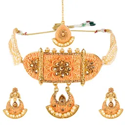 ANIKAS CREATION Women Gold Enamelled Choker Attached Pearl String with Earrings &Maangtika image 2