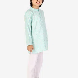 Superminis Boys Turquoise Blue Printed Angrakha Pure Cotton Kurta with Pyjamas image 3