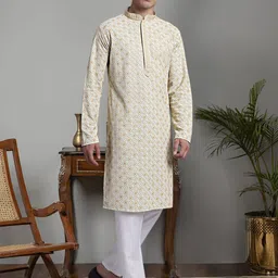 Jompers Geometric Embroidered Mandarin Collar Thread Work Pure Cotton Kurta with Trousers image 4