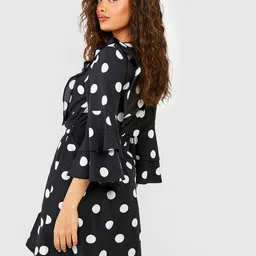 Boohoo Polka Dot Print Flared Sleeve A-Line Mini Dress with Belt image 3