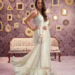 Inddus Floral Embroidered Georgette Sequinned Straight Kurti & Sharara with Dupatta image 3