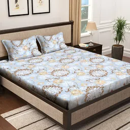 KLOTTHE Blue & Brown Floral Printed 300 TC Double King Bedsheet With 2 Pillow Covers-image-20