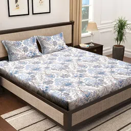 KLOTTHE White & Blue Printed 300 TC  Double Bedsheet With 2 Pillow Covers-picture-34