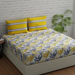 Huesland Comfort Yellow & White Printed 144 TC Cotton Queen Bedsheet & 2 Pillow Covers-image-1