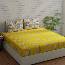 Huesland Comfort Yellow & White Striped 144 TC Cotton Queen Bedsheet With 2 Pillow Covers-image-79