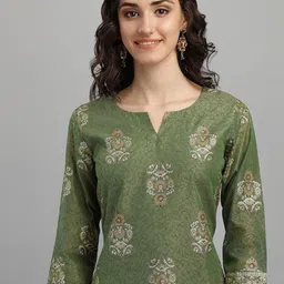 Mitera Lime Green Ethnic Motifs Printed Chanderi Silk Kurta with Trousers image 2