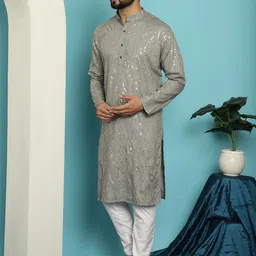 SOJANYA Ethnic Motifs Embroidered Sequined Pure Cotton Kurta with Churidar image 5