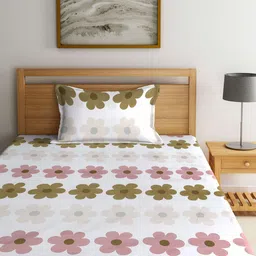 KLOTTHE White & Green Floral Printed 300 TC Single Bedsheet With 1 Pillow Cover image 2