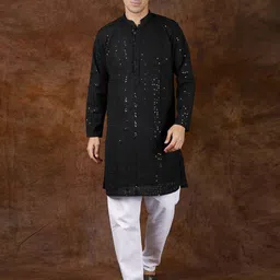 Exotic India Paisley Embroidered Mandarin Collar Regular Sequinned Kurta With Pyjamas-image-97
