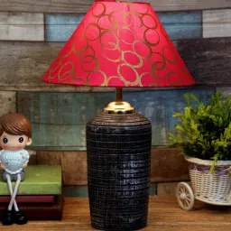 Red & Gold Shade Table Lamp With Terracotta Base By Foziq image 1