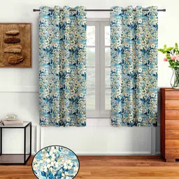 cortina Blue Polyester Floral 5ft Semisheer Eyelet 2 Pc Window Curtains image 1