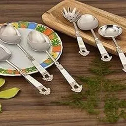 mfu-made for you Designer Serving Spoon Set Golden & Silver Feather Antique Handle Design Brass Serving Spoon Set image 3